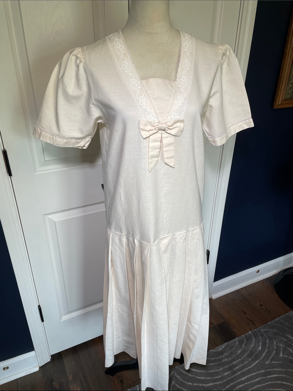 Vintage Tea Dress Light Pink Lace-Trim Midi with Bow by Morelle Size 10 Linen